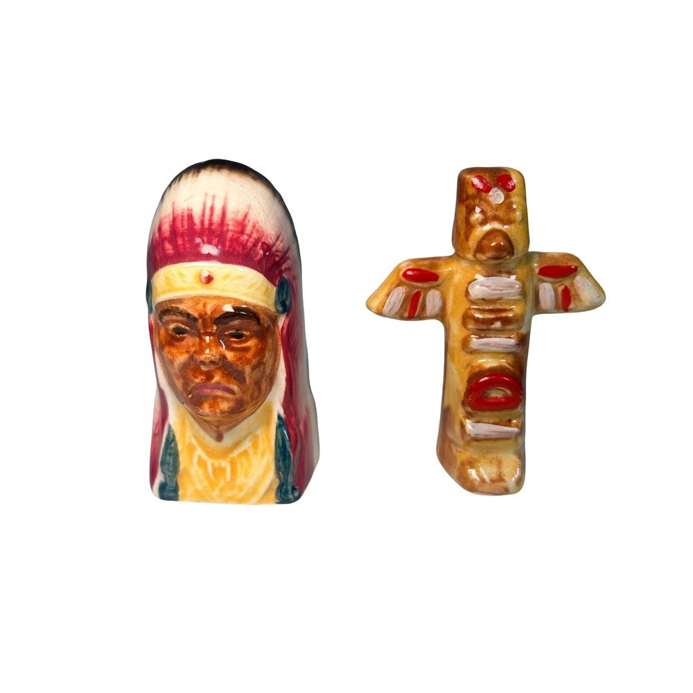 Vintage Native American Chief and Totem Pole Salt and Pepper Shakers Japan Set